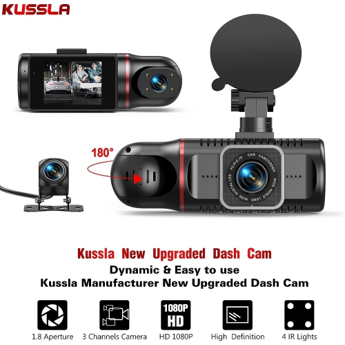 3 Channel Dash Cam Front and Rear Inside, LDAS FHD 1080P Dash Camera with SD Card, Rotatable cam for Cars with Super Night Vision, Loop Recording,