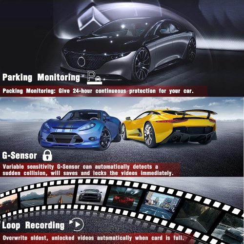 3 Channel Dash Cam Front and Rear Inside, LDAS FHD 1080P Dash Camera with SD Card, Rotatable cam for Cars with Super Night Vision, Loop Recording,