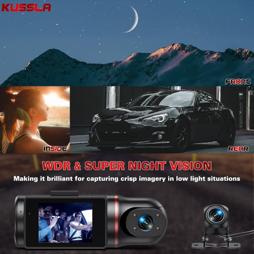 3 Channel Dash Cam Front and Rear Inside, LDAS FHD 1080P Dash Camera with SD Card, Rotatable cam for Cars with Super Night Vision, Loop Recording,