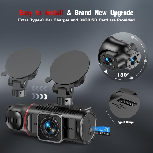 3 Channel Dash Cam Front and Rear Inside, LDAS FHD 1080P Dash Camera with SD Card, Rotatable cam for Cars with Super Night Vision, Loop Recording,