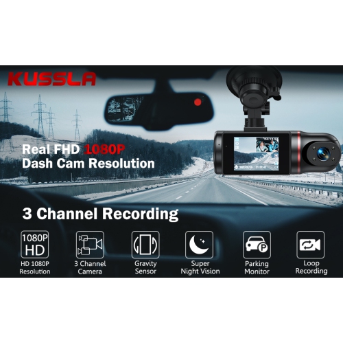 3 Channel Dash Cam Front and Rear Inside, LDAS FHD 1080P Dash Camera with SD Card, Rotatable cam for Cars with Super Night Vision, Loop Recording,