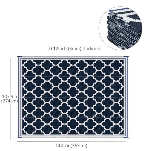 Outsunny Reversible Outdoor RV Rug, 9' x 12' Patio Floor Mat, Plastic Straw Rug for Backyard, Deck, Picnic, Beach, Camping, Dark Blue and White