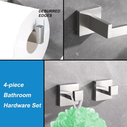4-Pieces Brushed Nickel Stainless Steel Bathroom Hardware Set, 2 Toilet Paper Holder, 2 Towel Hook, for Bathroom, Kitchen, Wall Mounted