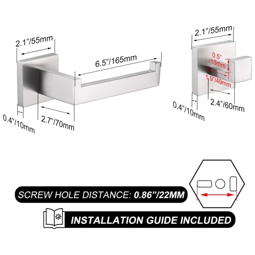 4-Pieces Brushed Nickel Stainless Steel Bathroom Hardware Set, 2 Toilet Paper Holder, 2 Towel Hook, for Bathroom, Kitchen, Wall Mounted