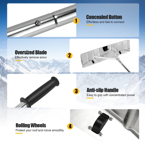 Râteau de toit en aluminium 25 po surdimensionné avec 2 rouleaux de Costway, 20 pi
