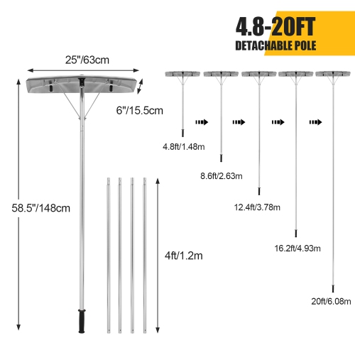 Râteau de toit en aluminium 25 po surdimensionné avec 2 rouleaux de Costway, 20 pi