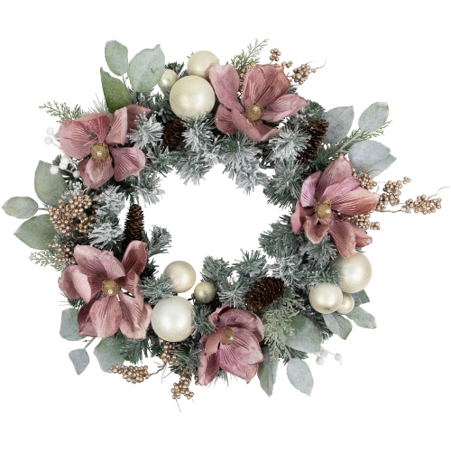 NORTHLIGHT  Floral And Ball Ornament Frosted Pine Artificial Christmas Wreath, 24-Inch, Unlit In Pink