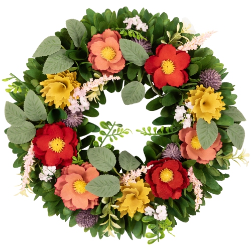 Wooden Mixed Floral and Foliage Artificial Spring Wreath - 13.75"