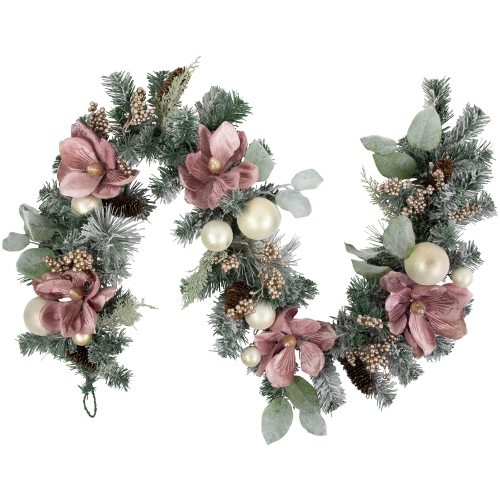 6' Pink Floral and Ball Ornament Frosted Pine Artificial Christmas Garland