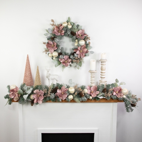 6' Pink Floral and Ball Ornament Frosted Pine Artificial Christmas Garland