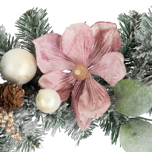 6' Pink Floral and Ball Ornament Frosted Pine Artificial Christmas Garland