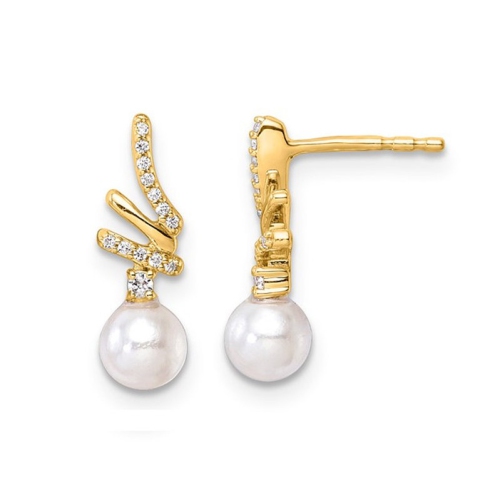 10K Yellow Gold Freshwater Cultured Pearl Earrings with Diamonds
