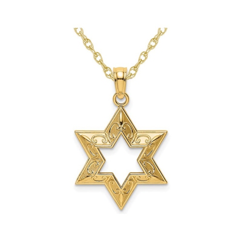 14K Yellow Gold Textured Star Of David Pendant Necklace with Chain