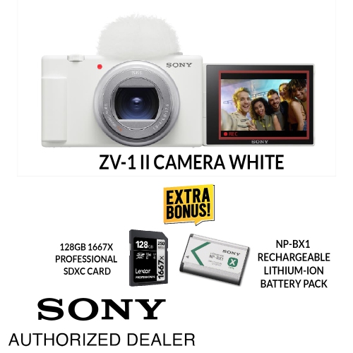 SONY  Zv-1 Ii Camera Bonus With 128GB 1667X Professional Sdxc Card & Np-Bx1 Rechargeable Battery In White