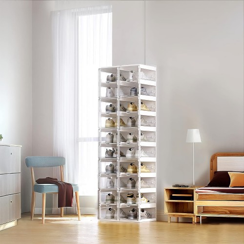 ANTBOX Portable Shoe Rack Organizer, Stackable Sneaker Organizer Cabinet with Magnetic Door, Folding Design, Clear Plastic Storage Container, 8 Tier