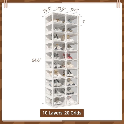 ANTBOX Portable Shoe Rack Organizer, Stackable Sneaker Organizer Cabinet with Magnetic Door, Folding Design, Clear Plastic Storage Container, 10 Tier