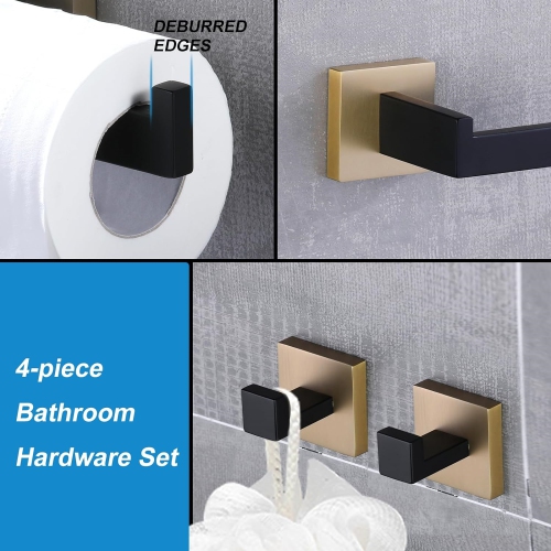 4-Pieces Matte Black & Brushed Gold Stainless Steel Bathroom Hardware Set, 2 Toilet Paper Holder, 2 Towel Hook, for Bathroom, Kitchen, Wall Mounted
