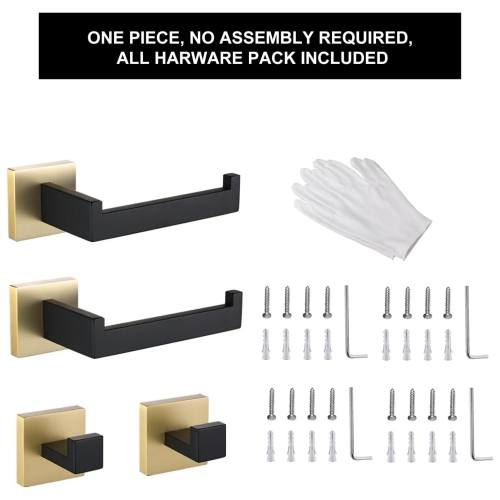 4-Pieces Matte Black & Brushed Gold Stainless Steel Bathroom Hardware Set, 2 Toilet Paper Holder, 2 Towel Hook, for Bathroom, Kitchen, Wall Mounted