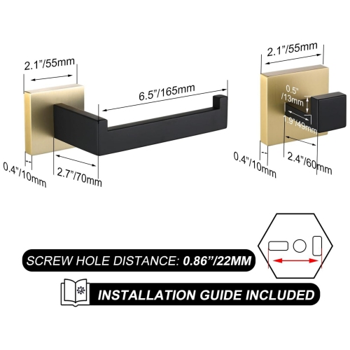 4-Pieces Matte Black & Brushed Gold Stainless Steel Bathroom Hardware Set, 2 Toilet Paper Holder, 2 Towel Hook, for Bathroom, Kitchen, Wall Mounted