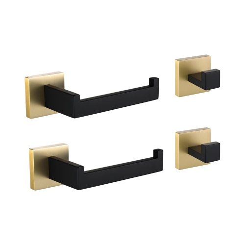 4-Pieces Matte Black & Brushed Gold Stainless Steel Bathroom Hardware Set, 2 Toilet Paper Holder, 2 Towel Hook, for Bathroom, Kitchen, Wall Mounted