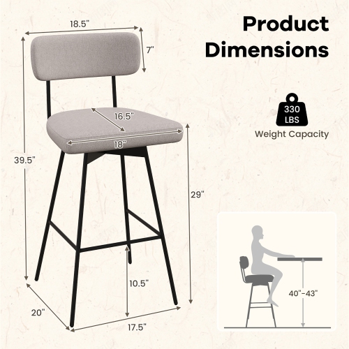 Gymax 2PCS Swivel Bar Stool 29'' Upholstered Bar Height Dining Chair w/ Footrest