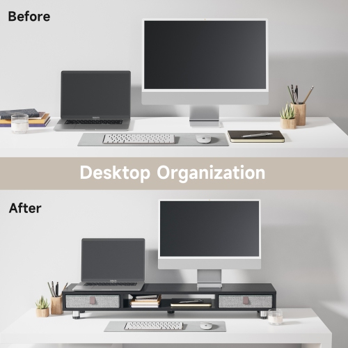 Support pour moniteur de Fenge, support pour deux moniteurs avec 2 tiroirs, socle pour moniteur pour 2 moniteurs