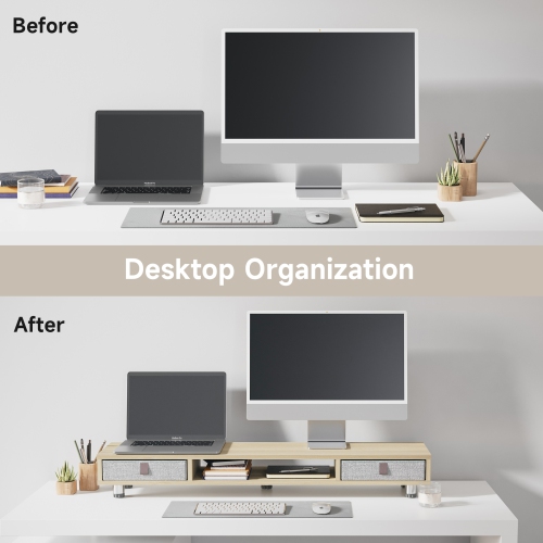 Support pour moniteur de Fenge, support pour deux moniteurs avec 2 tiroirs, socle pour moniteur pour 2 moniteurs