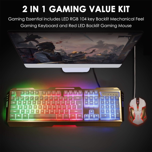 Gold Iron Gaming Keyboard and Mouse Combo, Color Change Gamer Keyboard, RGB LED Keyboard, PC Gaming Mouse, Wired Keyboard White Raised Key, for Xbox