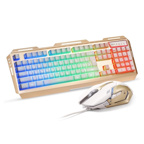 Gold Iron Gaming Keyboard and Mouse Combo, Color Change Gamer Keyboard, RGB LED Keyboard, PC Gaming Mouse, Wired Keyboard White Raised Key, for Xbox