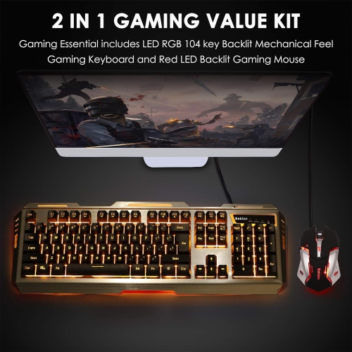 Iron Orange Yellow Gaming Keyboard and Mouse Combo, Color Change Gamer Keyboard, RGB LED Keyboard, PC Gaming Mouse, Wired Keyboard White Raised Key,