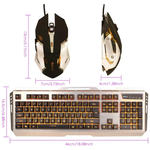 Iron Orange Yellow Gaming Keyboard and Mouse Combo, Color Change Gamer Keyboard, RGB LED Keyboard, PC Gaming Mouse, Wired Keyboard White Raised Key,