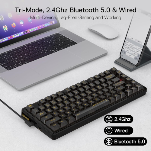 78% Wireless Gasket RGB Gaming Keyboard, 3-Modes 82 Keys Full-Transparent Hot-Swap Compact Mechanical Keyboard w/Upgraded Socket, Translucent Custom