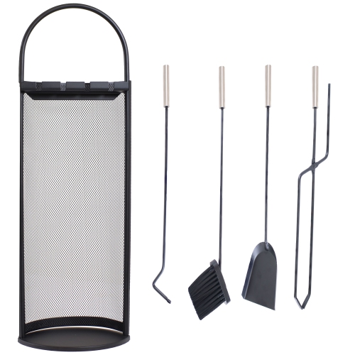 Image 1 de 5.. Ensemble d'ustensiles 4 pièces pour foyer avec support en filet de Sunnydaze