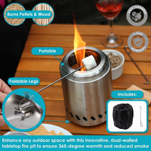 Sunnydaze Tabletop Smokeless Fire Pit with Bag and Poker - 5.5 in - Silver