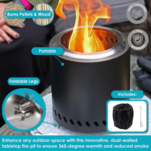 Sunnydaze Tabletop Smokeless Fire Pit with Bag and Poker - 8.5 in - Black