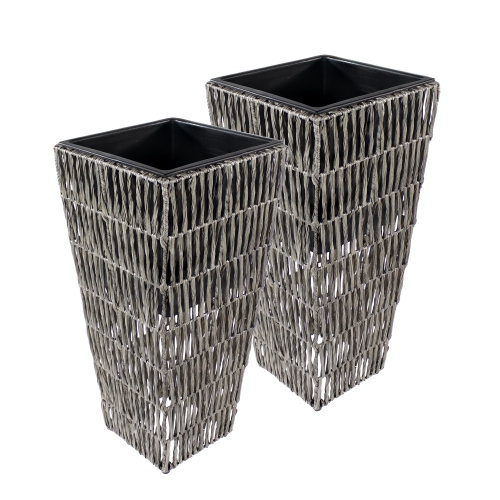 Sunnydaze 11 in Hyacinth Poly-Wicker Planter - Fog - Set of 2