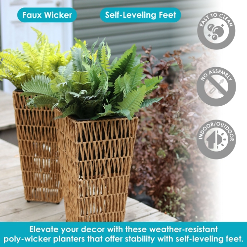 Sunnydaze 11 in Hyacinth Poly-Wicker Planter - Barley - Set of 2