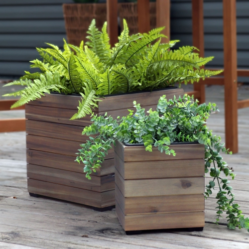 Sunnydaze 2-Piece Square Wood Planter Box with Liner - Anthracite