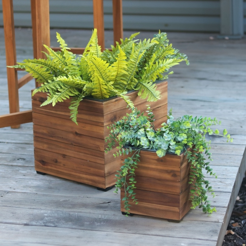 Sunnydaze 2-Piece Square Wood Planter Box with Liner - Light Brown