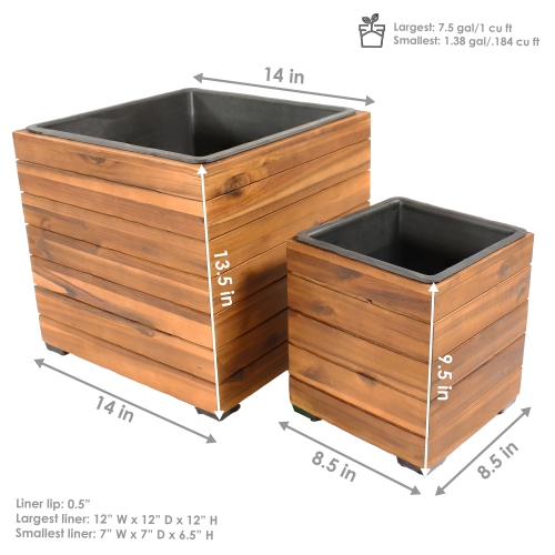 Sunnydaze 2-Piece Square Wood Planter Box with Liner - Light Brown
