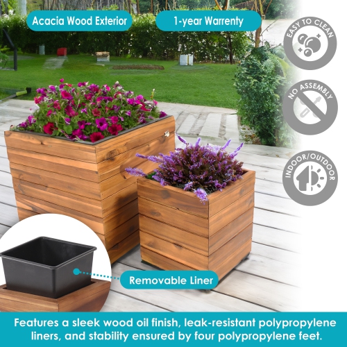 Sunnydaze 2-Piece Square Wood Planter Box with Liner - Light Brown