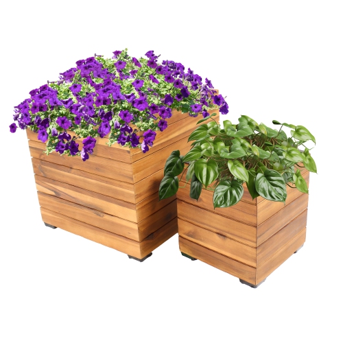 Sunnydaze 2-Piece Square Wood Planter Box with Liner - Light Brown