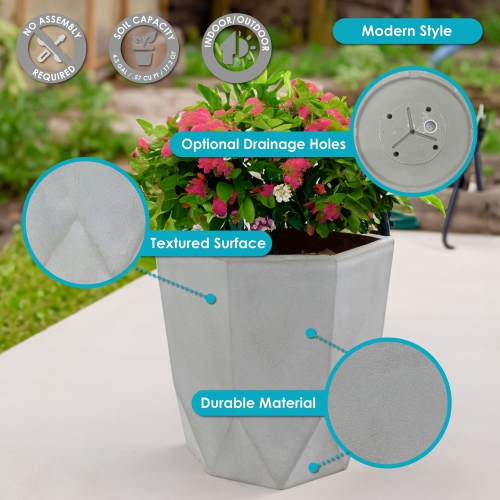 Sunnydaze Modern Faceted Polyresin Outdoor Planter - Gray - Set of 2