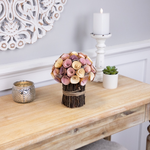 Wood Shaved Artificial Floral Spring Bouquet - 8.25" - Pink and Yellow