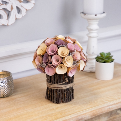 Wood Shaved Artificial Floral Spring Bouquet - 8.25" - Pink and Yellow