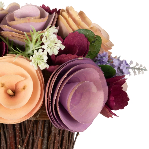 Wooden Floral Artificial Spring Bouquet - 9.5" - Wine Red and Purple
