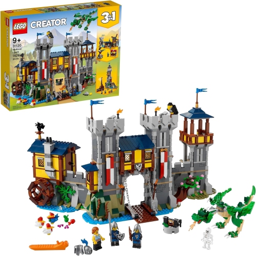 Le château médiéval de LEGO Creator 3-en-1 se transforme de château en tour, en place de marché, et comprend une figurine de squelette et de dragon,