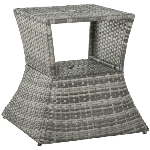 Outsunny Rattan Wicker Outdoor Coffee Table, All Weather Side Table with Umbrella Hole, 2 Tier Storage Shelf, 21.3" Square End Table for Patio,