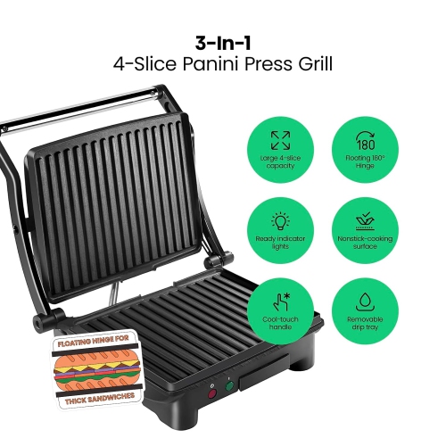 Panini Press Grill and Gourmet Sandwich Maker, Non-Stick Coated Plates, Opens 180 Degrees