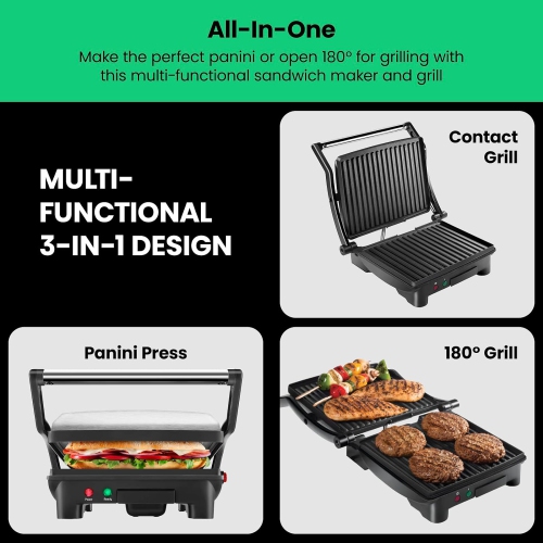 Panini Press Grill and Gourmet Sandwich Maker, Non-Stick Coated Plates, Opens 180 Degrees